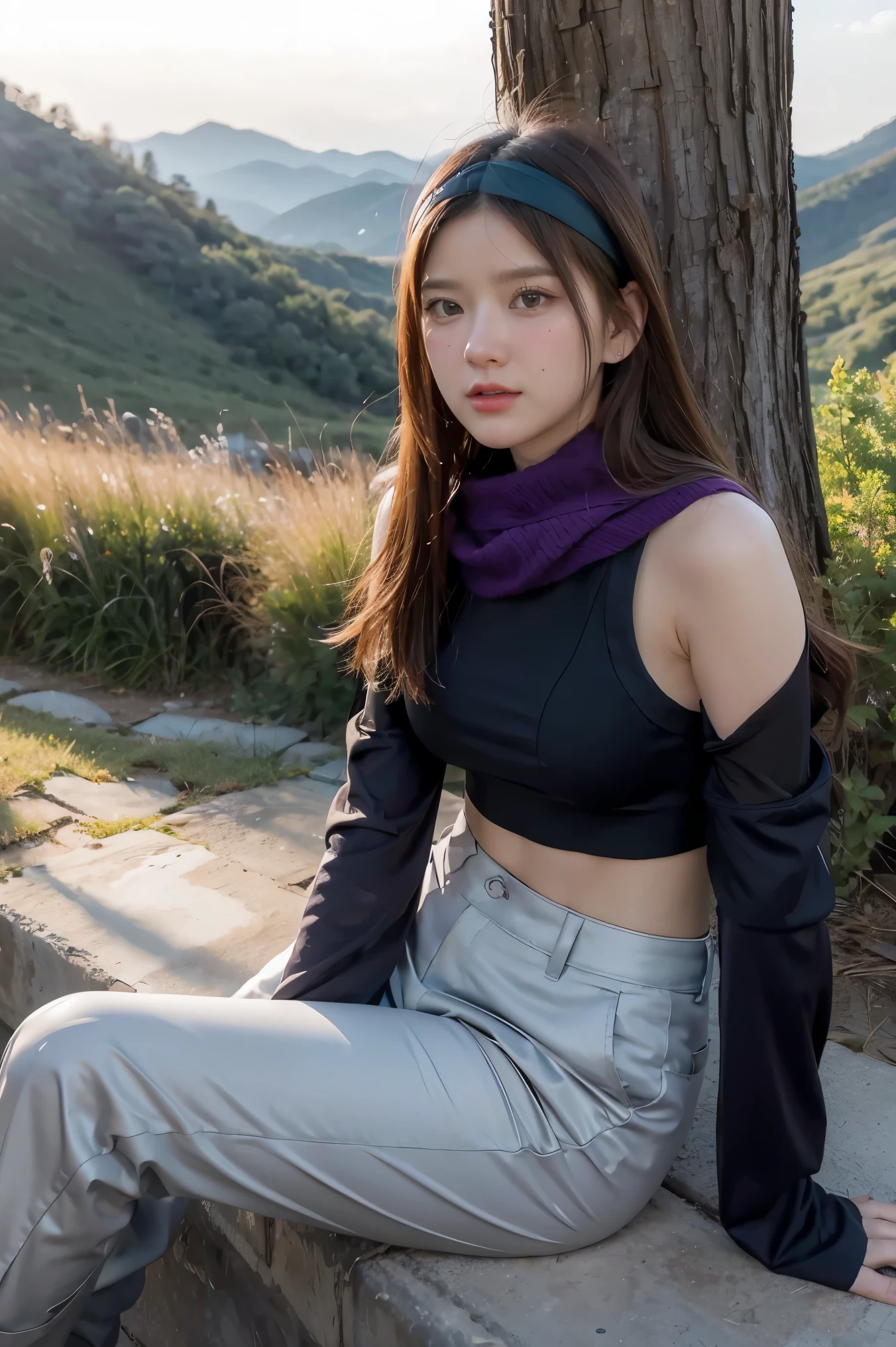 1girl, (best quality, beruka, gauntlets), armor, purple scarf, black gloves, pants, boots, bandana on the head, sitting, in front, trees, mountain, beautiful scenery in the background, soft sunset, subtle reflections on the ground