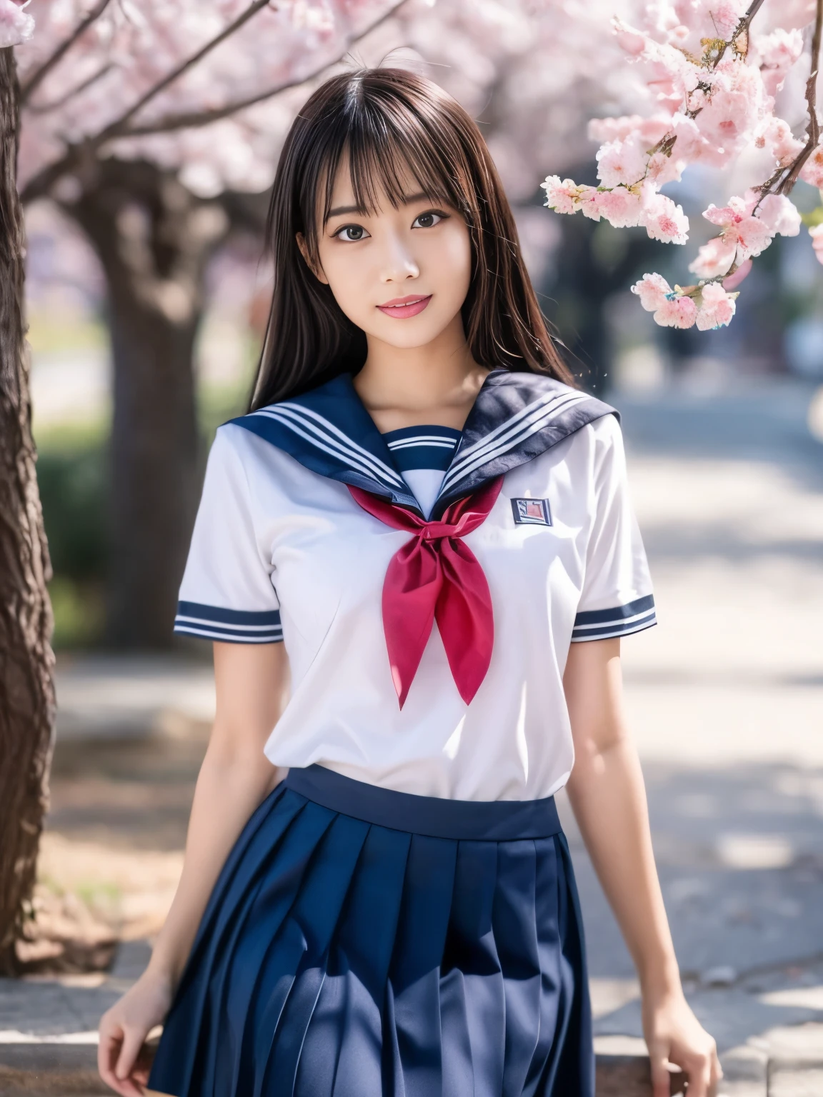 1girl,18yo girl,sailor uniform,((ankle length skirt)),beautiful detailed eyes,beautiful detailed lips,extremely detailed face,longeyelashes,outdoor,cherry blossom tree,sakura petals,natural lighting,vibrant colors,realistic,photorealistic,photo-realistic:1.37,best quality,8k,masterpiece:1.2,ultra-detailed,studio lighting,vivid colors