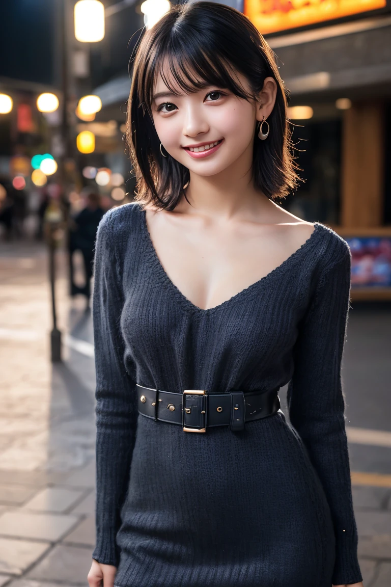(8k, RAW Photos,Highest quality, High resolution:1.1), (Ultra-realistic:1.4),(Realistic:1.4), Realistic Face,Realistic Body,Realistic Skin,masterpiece,(cute:1.8), cute子たち, Fine black eyes,Innocent eyes,Cinema Lighting,Film Grain,jewelry,Earrings,((Medium Hair:1.1)),Cherry colored lips,Hair Ribbon,ponytail,Viewer,Long Hair,,Open your lips,Upper teeth, (Smiling Eyes:0.6),((Grin:1.3)),Blurred Background, Eye focus , Bokeh,young, 85mm lens,young,Portraiture,Photon Mapping,Radio City,Physically Based Rendering,Asian,(Knit dress:1.3))