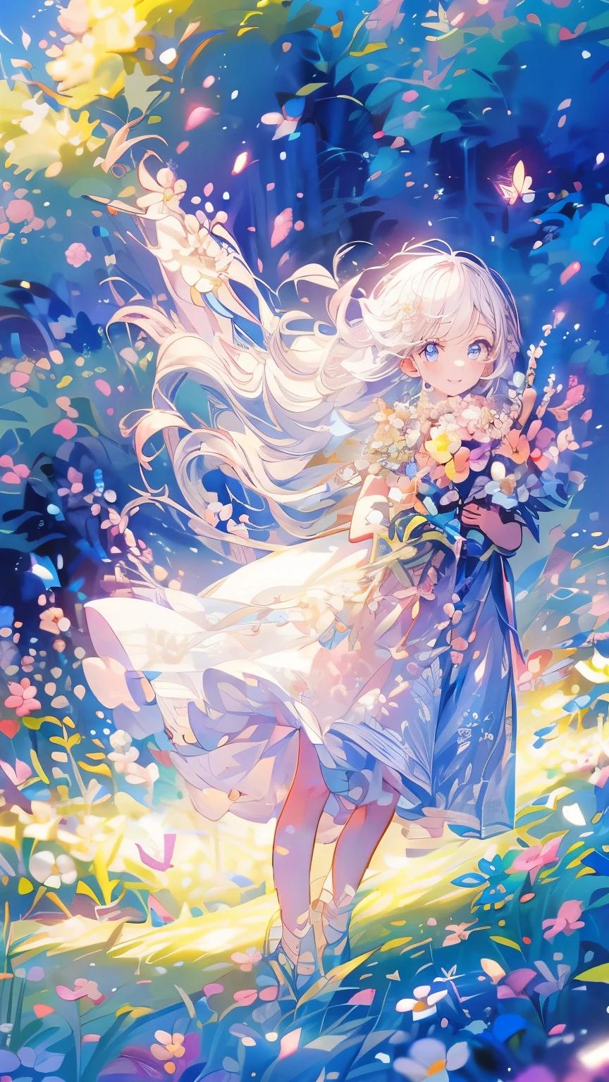 A girl in a blue dress is walking through a field of flowers - SeaArt AI