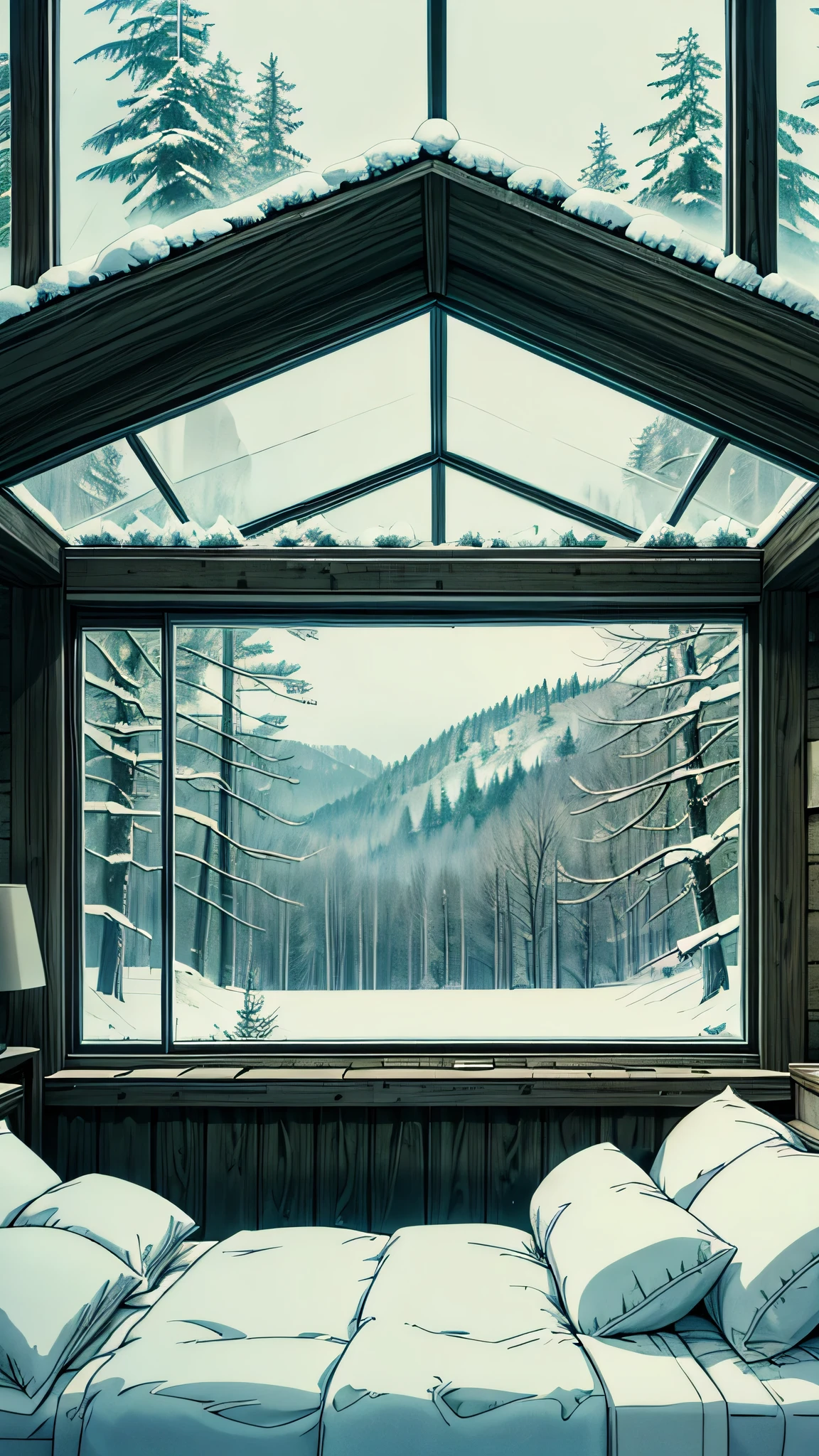 "Create an image of a cozy, modern glass cabin in the middle of a snowy forest. The scene should feature a comfortable, neatly made bed with white bedding and pillows, positioned near large glass windows and a glass ceiling. Outside, snow-covered trees and a serene winter landscape are visible, giving a tranquil and peaceful atmosphere. The interior should feel warm and inviting, contrasting with the cold, snowy scenery outside."