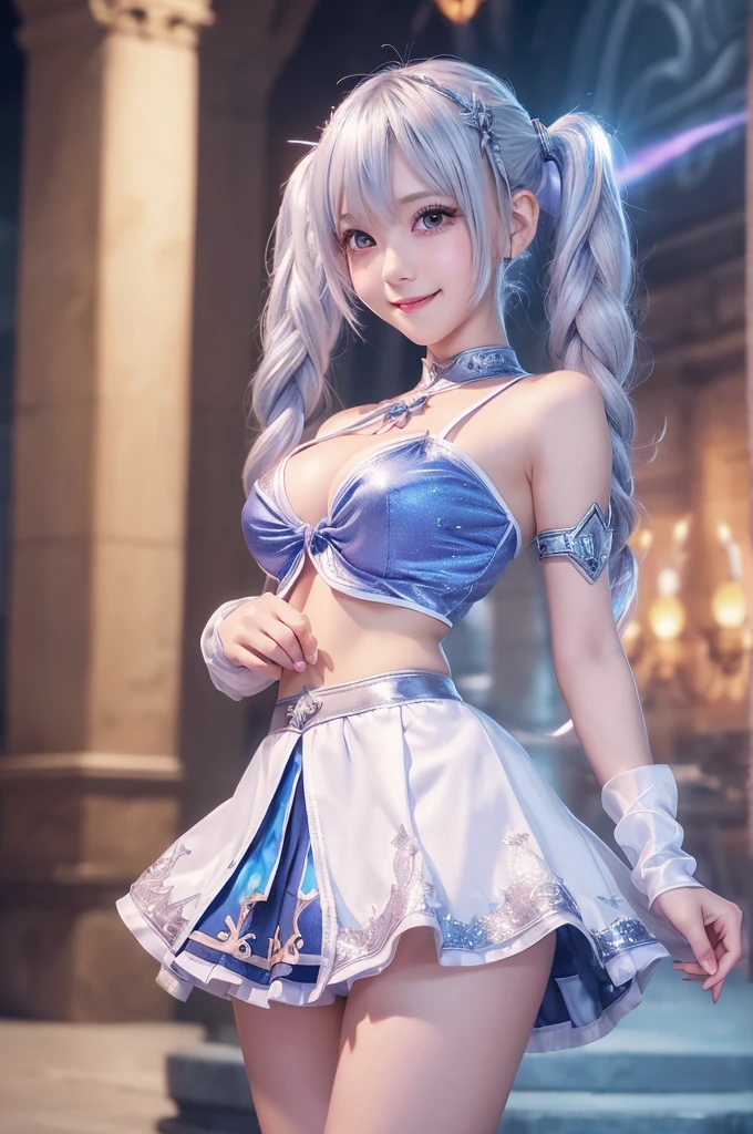 ((showing panties)),((magical girl)),(pillar of thunder),(breast focus),(cute pose),(solo),(battle field),(a cute girl),(twintail),eye highlights,(red left eye),(blue right eye),(beautiful silver hair),(white skin),(middle breasts),(smile),((magical costume)),(mini skirt),(masterpiece),(best quality),(extremely detailed game CG)