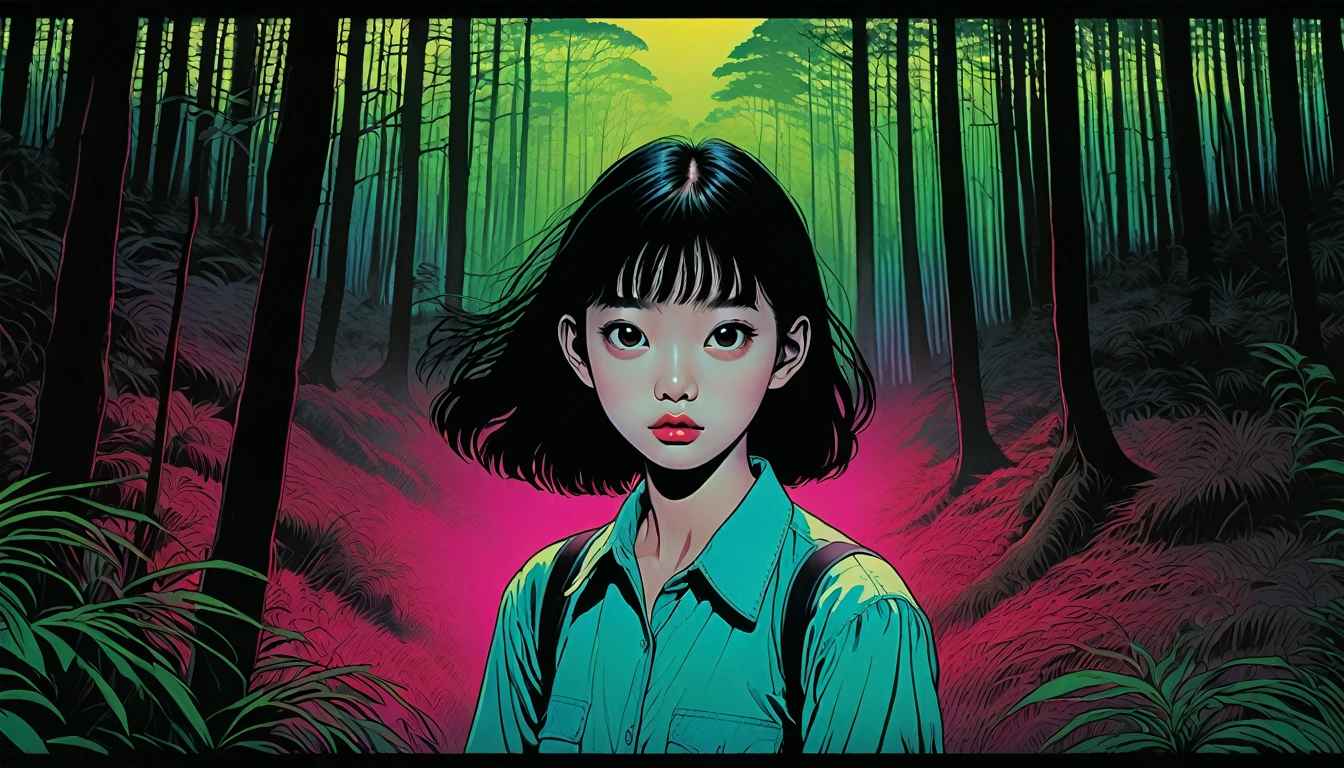 An illustration、art、80s Thai horror movie poster, Supervised by Junji Ito、(forest:1.2)、High 、Attention to detail, Realistic Shadows、Analog Style, chromatic aberration, Surrealism、Complementary Gradient