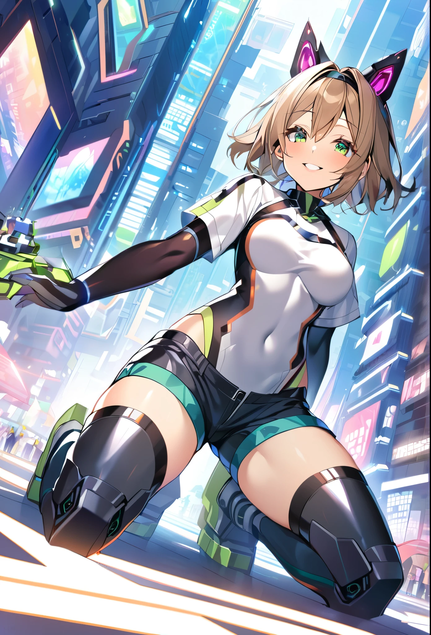 aile_megamanzx, kneeling with one hand on the ground and the other arm raised, 1girl, solo, short hair, brown hair, short sleeves, (bodysuit), robot ears, green eyes, (very_short_shorts:1.3), short sleeves, short over long sleeves, smile, in futuristic city, , high quality, medium_breasts,crotch, slouch,groin,dynamic_angle