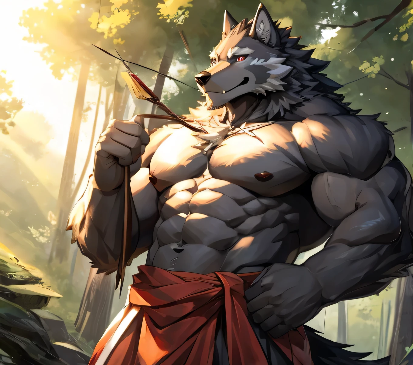 masterpiece,high quality,Japanese cartoons,Exquisite eyes,Hairy male black Wolf, Wolf, Great physique,Strong arms, In the forest , Topless, Chest muscles,Abdominal muscles, morning,Hunter dress-up, happiness, Proud,detail,Delicate eyes,Wolf Paws,超high quality,Holding a bow and arrow