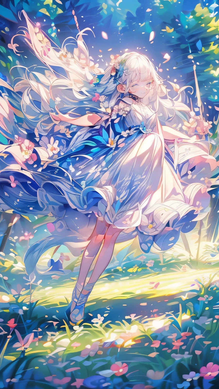 (Mastepiece), (Best Quality), Very detailed, 1 girl, Solo full body shot, Perfect Face, beautiful girl, Very detailedな顔,(Long white hair:1.5),(blue eyes:1.4),(Lots of butterflies々:1.2)、(forest、Flower Field:1.4)、(Lots of petals:1.3)、(smile:1.3)、mysterious、Fantasy
