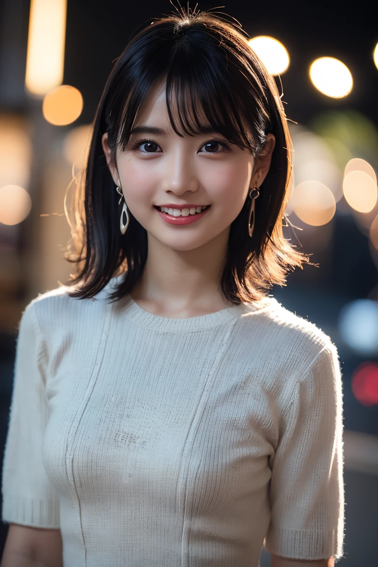 (8k, RAW Photos,Highest quality, High resolution:1.1), (Ultra-realistic:1.4),(Realistic:1.4), Realistic Face,Realistic Body,Realistic Skin,masterpiece,(cute:1.8), cute子たち, Fine black eyes,Innocent eyes,Cinema Lighting,Film Grain,jewelry,Earrings,((Medium Hair:1.1)),Cherry colored lips,Hair Ribbon,ponytail,Viewer,Long Hair,,Open your lips,Upper teeth, (Smiling Eyes:0.6),((Grin:1.3)),Blurred Background, Eye focus , Bokeh,young, 85mm lens,young,Portraiture,Photon Mapping,Radio City,Physically Based Rendering,Asian,(Knit dress:1.3))
