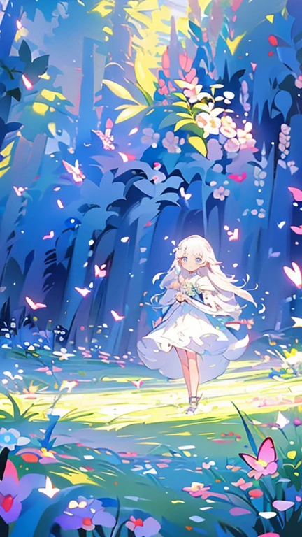 (Mastepiece), (Best Quality), Very detailed, 1 girl, Solo full body shot, Perfect Face, beautiful girl, Very detailedな顔，(Long white hair:1.5)，(blue eyes:1.4)，(Lots of butterflies々:1.2)、(forest、Flower Field:1.4)、(Lots of petals:1.3)、(smile:1.3)、mysterious、Fantasy