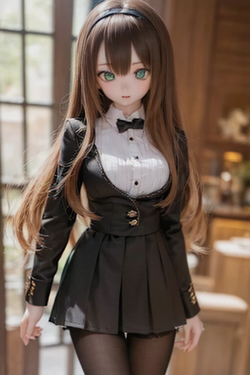(SFW:2), photorealistic, realistic photo, 8k, ((highest quality)), ((masterpiece)), (extremely detailed), kukolnydom, doll, (mature woman, 21yo, 21 years old, looking at viewer, solo:1.6), ((cowboy shot, standing, slim, slender, skinny, medium breasts, hairband, ascot, dress shirt, long puff sleeves, pleated skirt, black pantyhose)), (green eyes, brown hair, long hair, plastic skin, glass eyes, gradient eyes, shining eyes, detailed eyes:1.3)