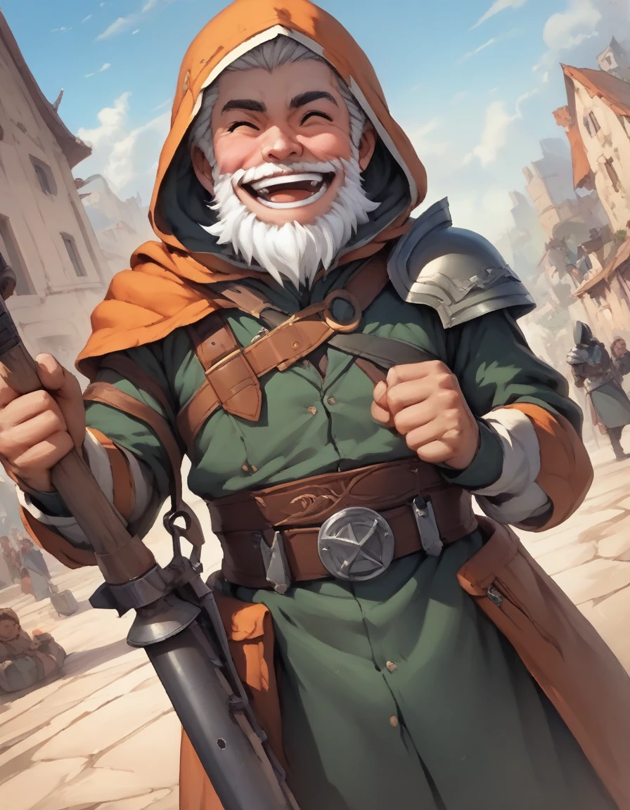 Solo, Score_9, score_8_up, score_7_up, male, RPG Art, Dwarf with white beard, in hood, shoulder cape, one shoulder armor piece, harpoon gun on strap around body, metal boots, armored waist. Patting a friend on shoulder, holding a diploma, cheery expression, laughing, mid angle shot, full body shot.