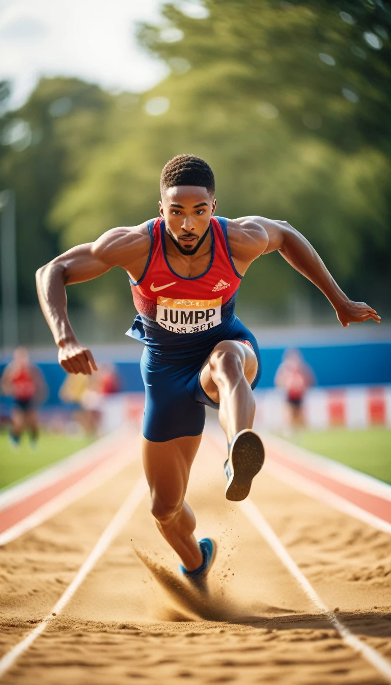 Realistic photography, sport photography, dynamic shot of athlete, long jump, full body shot, fast capture photo, motion blur, shallow depth of field, bokeh, 8k, film grain, made by dslr