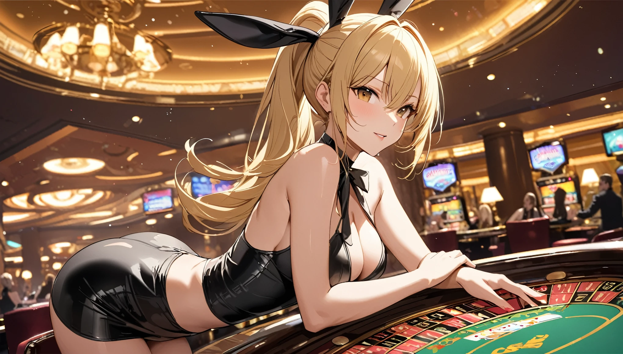 NSFW,masterpiece,Highest quality,High resolution,Very detailed,Golden Darkness\(To Love-Ru\),Blonde,Red eyes,long hair,Two Side Up,Small breasts,hair ornaments,(Playboy Bunny),Fishnet tights,(Ecstasy face),blush,Nightlife,casino,(Having sex),insert,Creampie,Trembling,Drooling,(Middle-aged men),Leg spread,Falling into Pleasure