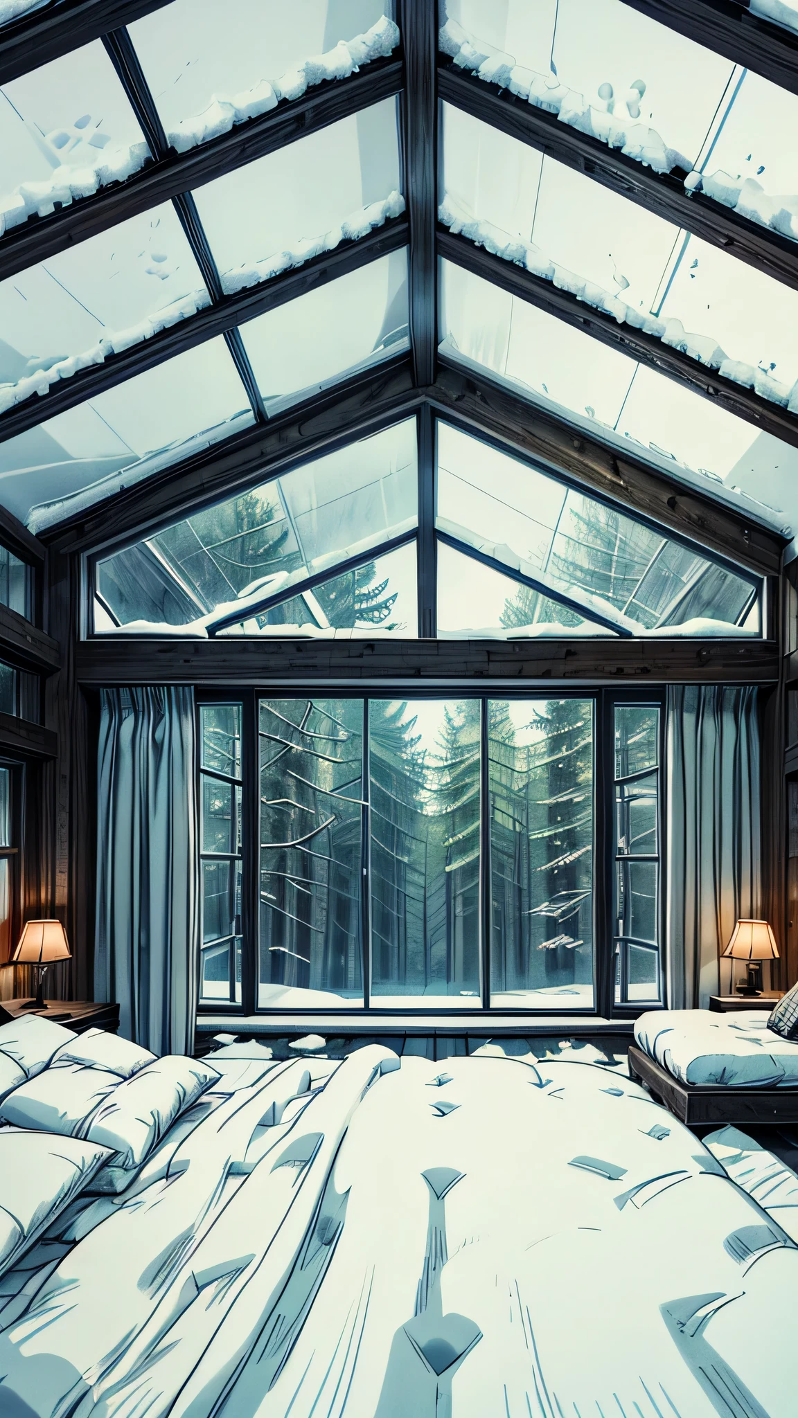 "Create an image of a cozy, modern glass cabin in the middle of a snowy forest. The scene should feature a comfortable, neatly made bed with white bedding and pillows, positioned near large glass windows and a glass ceiling. Outside, snow-covered trees and a serene winter landscape are visible, giving a tranquil and peaceful atmosphere. The interior should feel warm and inviting, contrasting with the cold, snowy scenery outside."