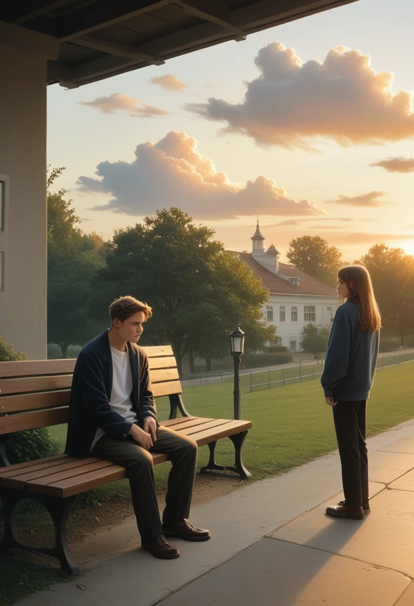 mappastyles4,best quality, masterpiece, official style, official art, a man with blond hair, a woman with brown hair, wearing , sitting on a bench, talking, morning, cloudy, schoolyard in the background
