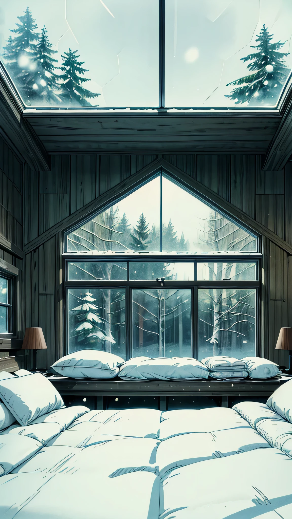 "Create an image of a cozy, modern glass cabin in the middle of a snowy forest. The scene should feature a comfortable, neatly made bed with white bedding and pillows, positioned near large glass windows and a glass ceiling. Outside, snow-covered trees and a serene winter landscape are visible, giving a tranquil and peaceful atmosphere. The interior should feel warm and inviting, contrasting with the cold, snowy scenery outside."
