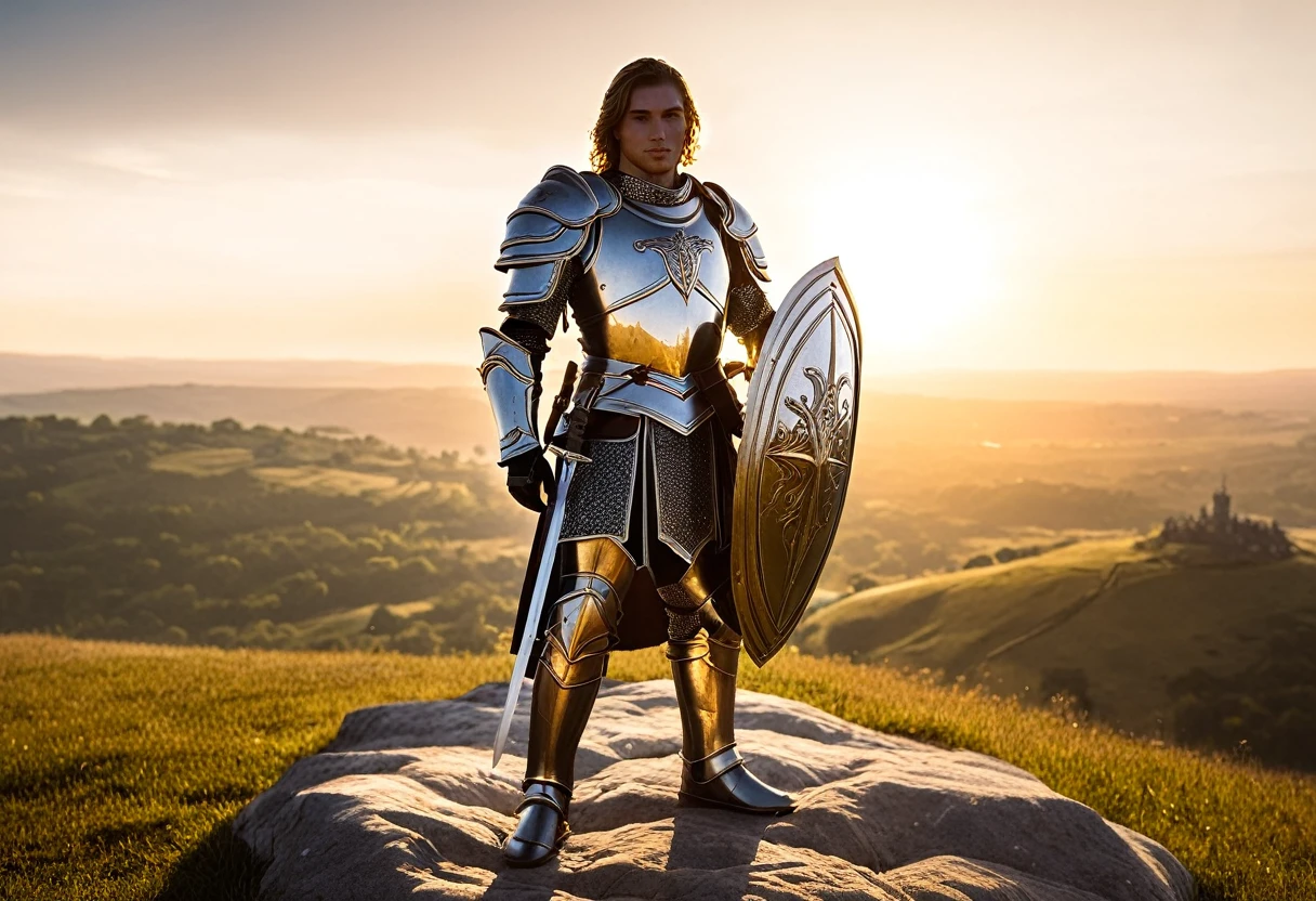 Description: A noble human paladin in gleaming, intricately engraved armor, holding a radiant sword and shield. He stands on a hill overlooking a battlefield, bathed in the light of the setting sun.
Style: Epic fantasy, heroic lighting, detailed textures
Photography: Wide-angle shot, backlit by the setting sun, focus on the paladin with a battlefield background
D&D Character: Human Paladin