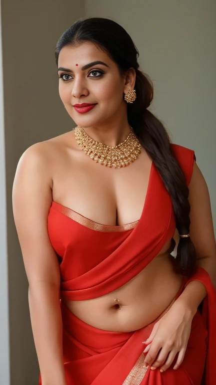 close up photo of sexy indian secretary , standing in office , curvy, erotic pose, sexy armpits, seductive eyes, Big breasted,sultry, look at viewer and subtle smile,  wearing  saree, red lips, ponytail, necklace, 4K, HD