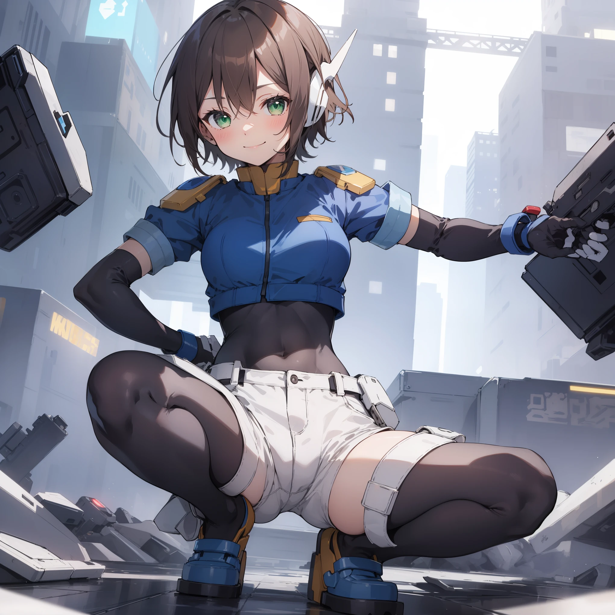 aile_megamanzx, kneeling with one hand on the ground and the other arm raised, 1girl, solo, short hair, brown hair, short sleeves, (bodysuit), robot ears, green eyes, very_short_shorts, short sleeves, short over long sleeves, smile, in futuristic city, , high quality, medium_breasts,crotch, slouch,groin