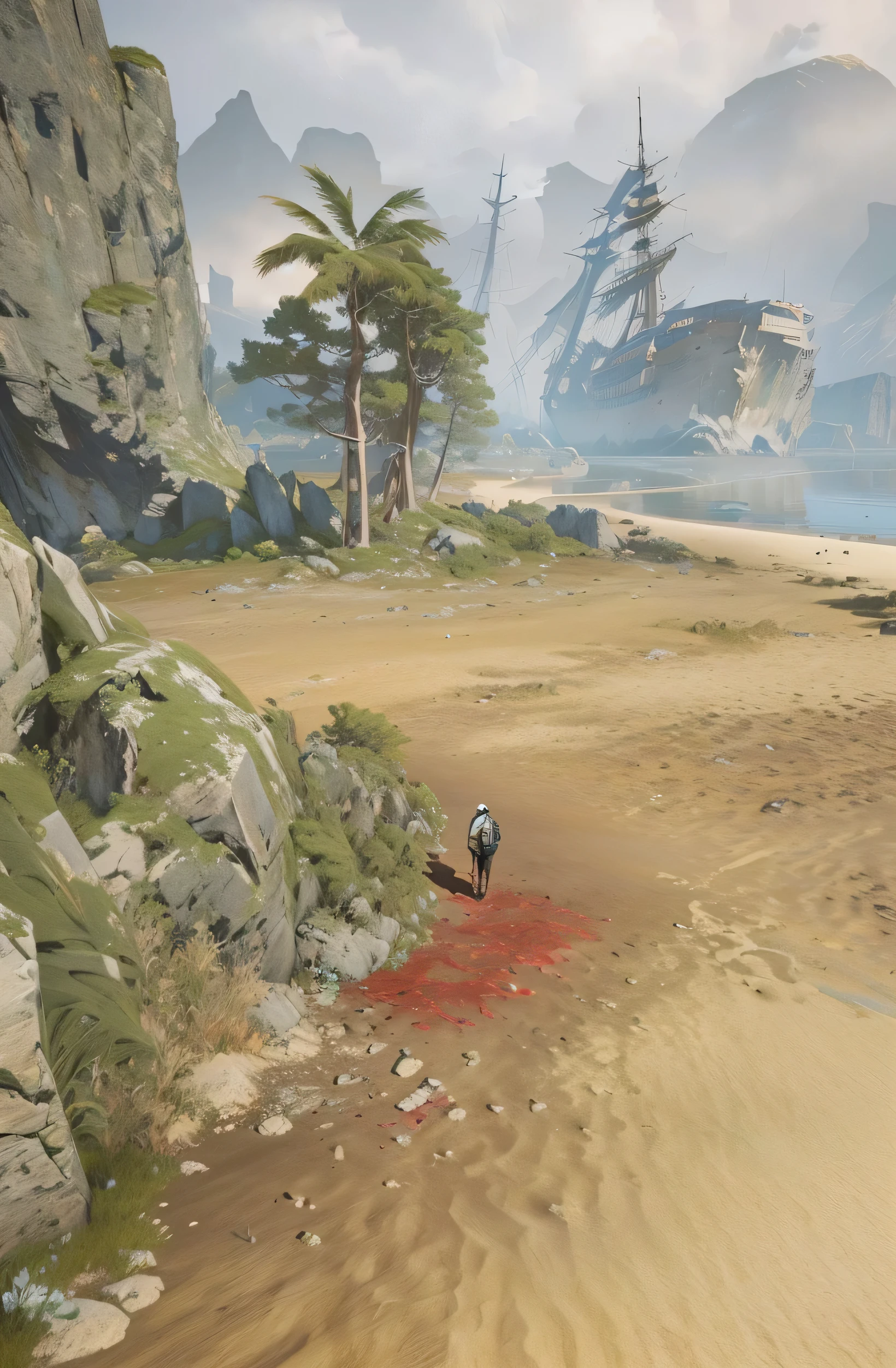 A man standing on the beach,Next to it is a boat, 带 UI 的screenshots, Hyper-realistic environment, screenshots, screenshots, Lineage 2 Style, scattered props, Level lens, Intricate details in the environment, Game Environment, Overlooking a desolate wasteland, 超宽screenshots, Highly detailed environments, 视频screenshots>