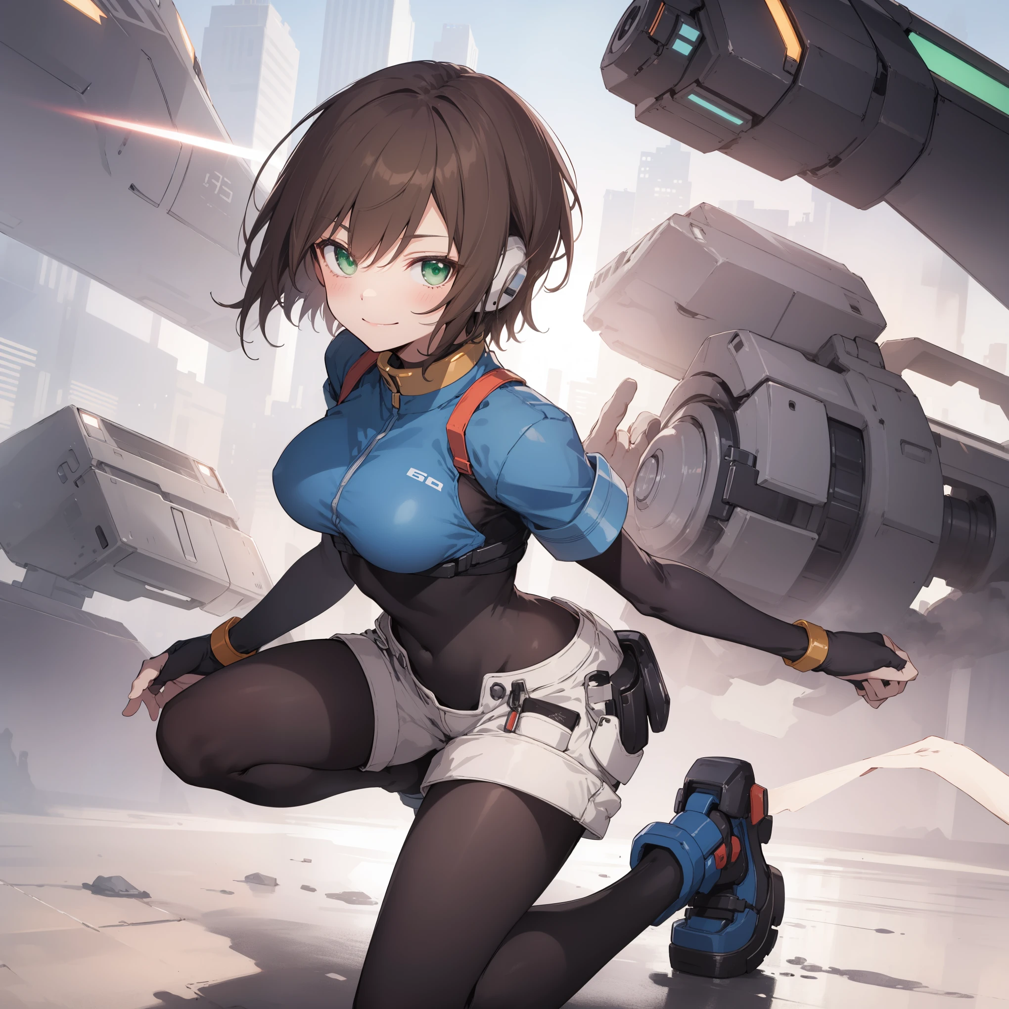 aile_megamanzx, kneeling with one hand on the ground and the other arm raised, 1girl, solo, short hair, brown hair, short sleeves, (bodysuit), robot ears, green eyes, very_short_shorts, short sleeves, short over long sleeves, smile, in futuristic city, , high quality, medium_breasts,crotch, slouch,groin