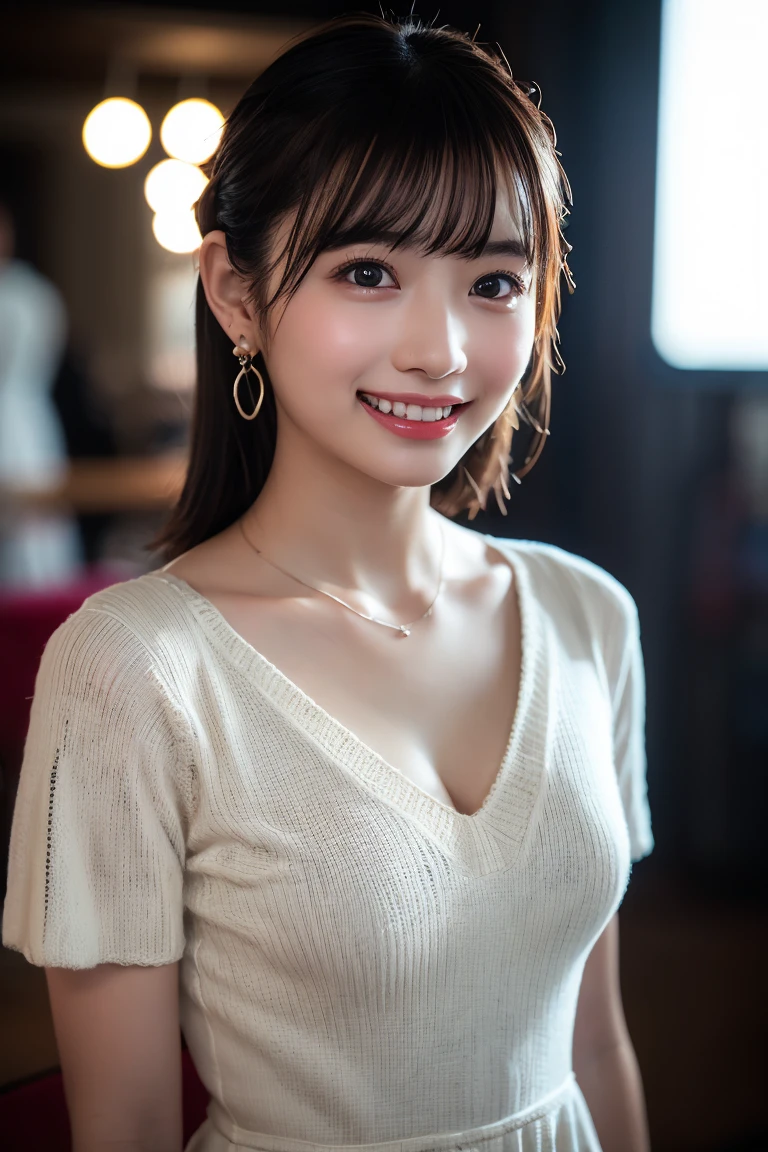 (8k, RAW Photos,Highest quality, High resolution:1.1), (Ultra-realistic:1.4),(Realistic:1.4), Realistic Face,Realistic Body,Realistic Skin,masterpiece,(cute:1.8), cute子たち, Fine black eyes,Innocent eyes,Cinema Lighting,Film Grain,jewelry,Earrings,((Medium Hair:1.1)),Cherry colored lips,Hair Ribbon,ponytail,Viewer,Long Hair,,Open your lips,Upper teeth, (Smiling Eyes:0.6),((Grin:1.3)),Blurred Background, Eye focus , Bokeh,young, 85mm lens,young,Portraiture,Photon Mapping,Radio City,Physically Based Rendering,Asian,(Knit dress:1.3))