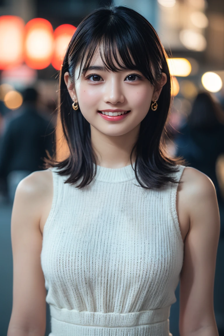 (8k, RAW Photos,Highest quality, High resolution:1.1), (Ultra-realistic:1.4),(Realistic:1.4), Realistic Face,Realistic Body,Realistic Skin,masterpiece,(cute:1.8), cute子たち, Fine black eyes,Innocent eyes,Cinema Lighting,Film Grain,jewelry,Earrings,((Medium Hair:1.1)),Cherry colored lips,Hair Ribbon,ponytail,Viewer,Long Hair,,Open your lips,Upper teeth, (Smiling Eyes:0.6),((Grin:1.3)),Blurred Background, Eye focus , Bokeh,young, 85mm lens,young,Portraiture,Photon Mapping,Radio City,Physically Based Rendering,Asian,(Knit dress:1.3))
