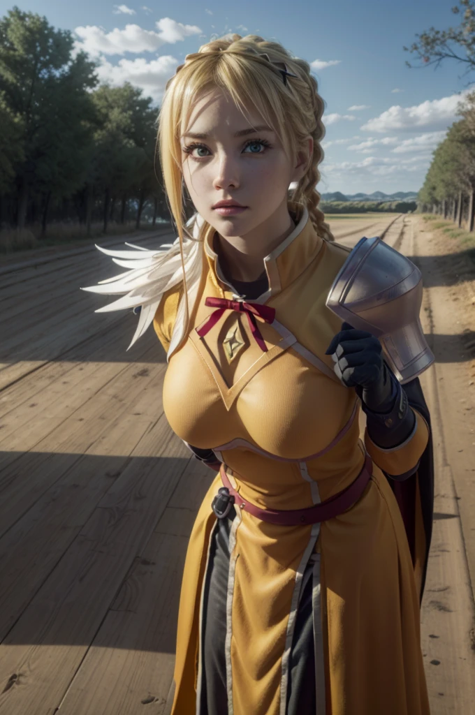 lalatinadustinessford, dusty latina ford, darkness \(Konosuba\), long hair, (greeneyes:1.3), hair blonde, hair ornament, hypdertailed, Braid, x hair ornament,
break gloves, armors, May, shoulder armors, armorsed dress,
break outdoor, forst, naturey, Trees, small town, sky, floor, clouds,
break looking at viewer, (cowboy shot:1.5),
break (work of art:1.2), best qualityer, high resolution, unity wallpaper 8k, (illustration:0.8), (beautiful detailed eyes:1.6), extreme detailed face, perfect lighting, extremely detailed CG, (perfect hands, Perfect Anatomia),