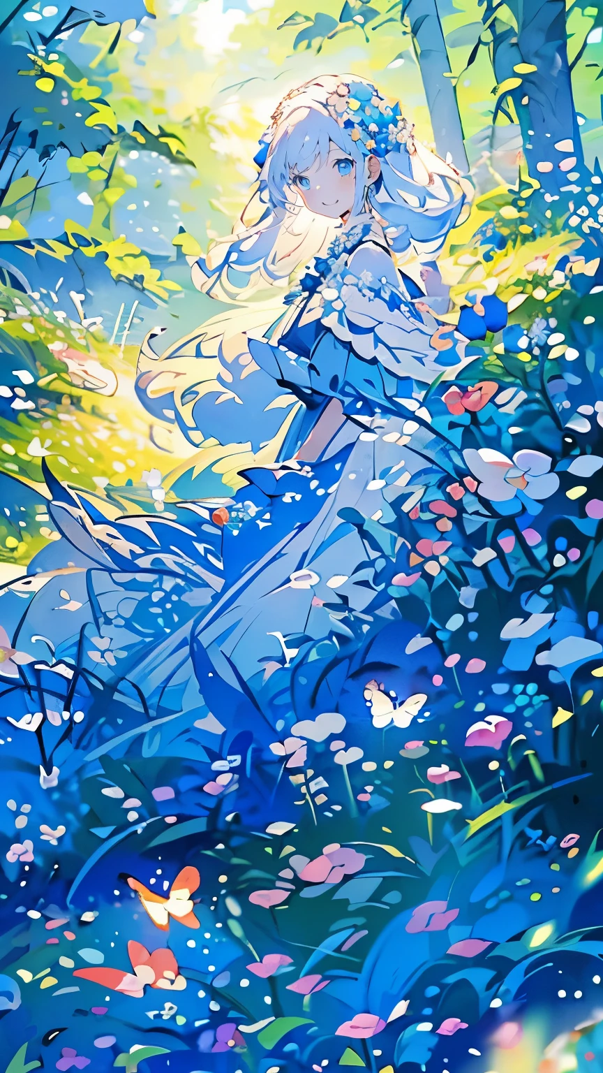 (Mastepiece), (Best Quality), Very detailed, 1 girl, Solo full body shot, Perfect Face, beautiful girl, Very detailedな顔,(Long white hair:1.5),(blue eyes:1.4),(Lots of butterflies々:1.2)、(forest、Flower Field:1.4)、(Lots of petals:1.3)、(smile:1.3)、mysterious、Fantasy