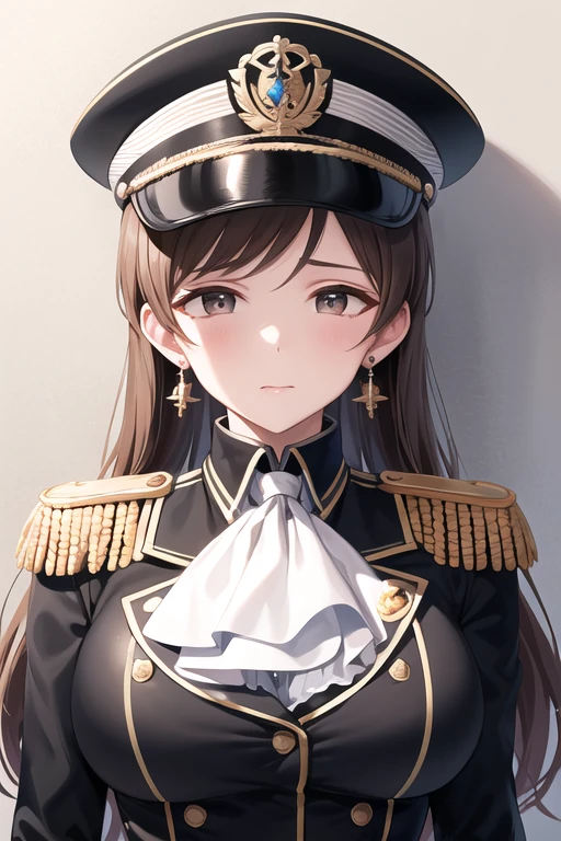 masterpiece, best quality, highres, aanitta, long hair, (black peaked cap), earrings, big breasts, muscular body, military uniform, epaulettes, badges, (black shirt:1.2), bulletproof vest, (white ascot), black sleeves, long sleeves, idolmaster, close-up, standing, indoors, against wall, serious facial expression, facing the viewer, looking at the viewer