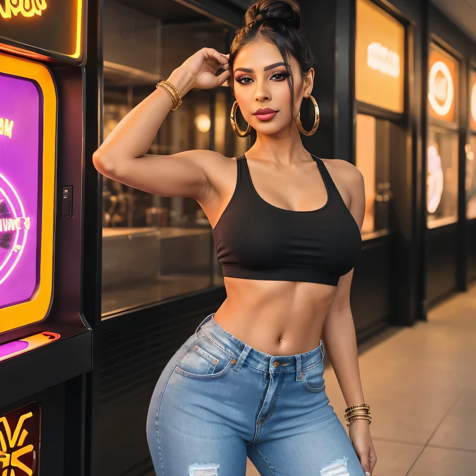 "Create an ultra-realistic image of a modern, attractive female influencer of Indian descent, aged between 27 to 30. She should have a warm and inviting smile, expressive almond-shaped eyes with a slight shimmer, and clear, glowing skin with a medium brown complexion. Her features should be well-defined, with high cheekbones and a sharp jawline. Her hair should be long and thick, styled in a bun made from a braid, either high or low, with a deep, reddish-purple hue that’s bold yet sophisticated. She should have a slender yet athletic build, reflecting a healthy and active lifestyle, with gigantic breasts (plump: 1.1). She is wearing a racerback sports bra that highlights her toned figure and acid wash jeans that complement her curves. Her outfit is completed with stylish black heeled sandals that add elegance to her look. She accessorizes with subtle yet chic jewelry, such as small hoop earrings and a few thin bangles. The background should be a vibrant retro arcade with colorful gaming machines, suggesting a playful and dynamic lifestyle. Her overall appearance should exude confidence, approachability, and sophistication, capturing the essence of a contemporary Indian fashion influencer."