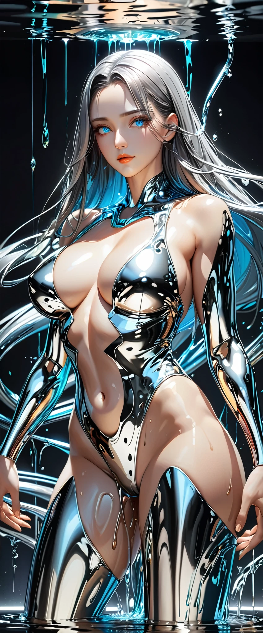 (masterpiece,Highest quality,超detailed,8k,wallpaper,(3DCG illustration),Ultra-fine painting,Narrow your focus,Physically Based Rendering,Ultra-fine painting,Narrow your focus,break(Middle-aged women),She is a liquid metal woman,(((Her body is liquid metal:1.6))),(Beautiful Face),(Beautiful Eyes),(perfectioneyes:1.6),(Glowing Skin:1.2),(Random Hairstyles),(Random hair color),break(A lewd liquid metal body that clearly shows the shape of the body:1.6),(Satanic attraction),(Big Breasts:1.3),(Sexy thighs:1.3),(Sensual),(Voluptuous),((front:1.6)),(((whole body:1.6))),(look at me),BREAK(((hand,detailed,perfection,perfectionion,hand,Holographic))),(Detailed hand:1.6),(Beautiful female hand:1.6),(Portrait of the Goddess,Diffuse reflection of light)