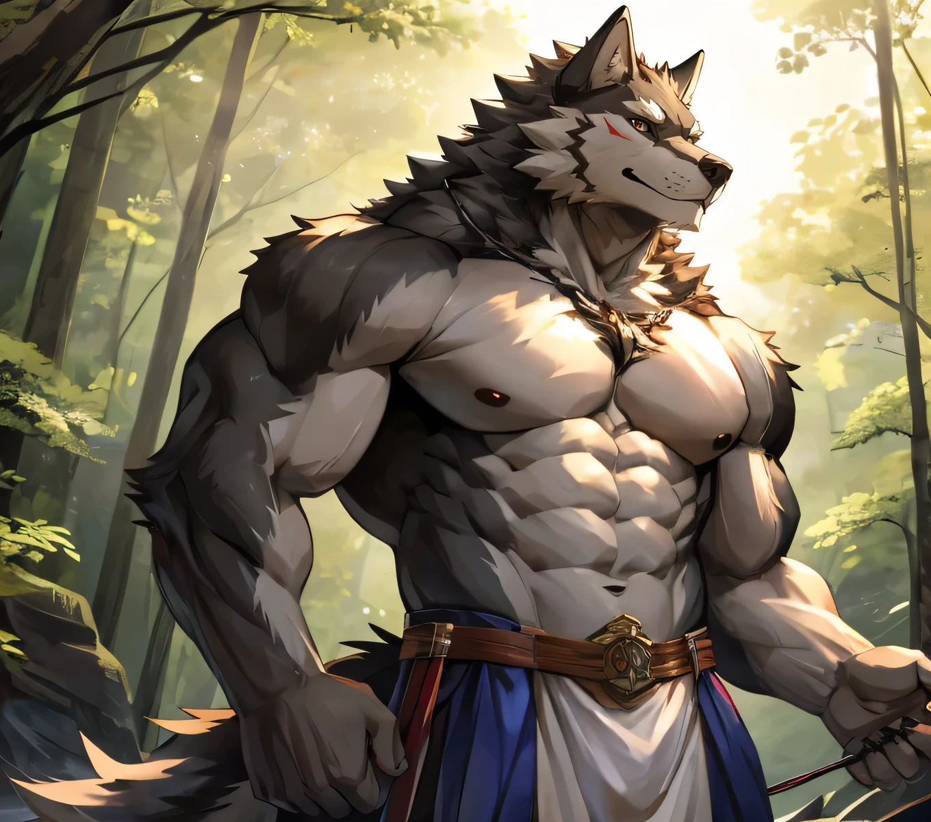 masterpiece,high quality,Japanese cartoons,Exquisite eyes,Hairy male black Wolf, Wolf, Great physique,Strong arms, In the forest , Topless, Chest muscles，Abdominal muscles, morning，Hunter dress-up, happiness, Proud，detail，Delicate eyes，Wolf Paws，超high quality，Holding a bow and arrow，Great eyes