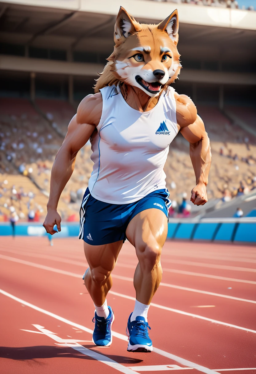 a photo finish shoot of a muscular anthomorph wolf on the running lane,  ((full body shot: 1.5)), ((anatomically correct: 1.5)) (ultra detailed face: 1.2), dynamic fur color, intense eyes, determined look, he is wearing running t shirt, sports shoes, running lane in an athlete stadium in the Olympics,  vibrant, Ultra-high resolution, High Contrast, (masterpiece:1.5), highest quality, Best aesthetics), best details, best quality, highres, 16k, [ultra detailed], masterpiece, best quality, (extremely detailed) RAW, (ultra details, Masterpiece, best quality), Cinematic Hollywood Film, Intense gaze