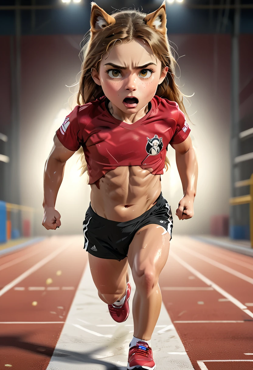 a photo finish shoot of a muscular anthomorph wolf on the running lane,  ((full body shot: 1.5)), ((anatomically correct: 1.5)) (ultra detailed face: 1.2), dynamic fur color, intense eyes, determined look, he is wearing running t shirt, sports shoes, running lane in an athlete stadium in the Olympics,  vibrant, Ultra-high resolution, High Contrast, (masterpiece:1.5), highest quality, Best aesthetics), best details, best quality, highres, 16k, [ultra detailed], masterpiece, best quality, (extremely detailed) RAW, (ultra details, Masterpiece, best quality), Cinematic Hollywood Film, Intense gaze