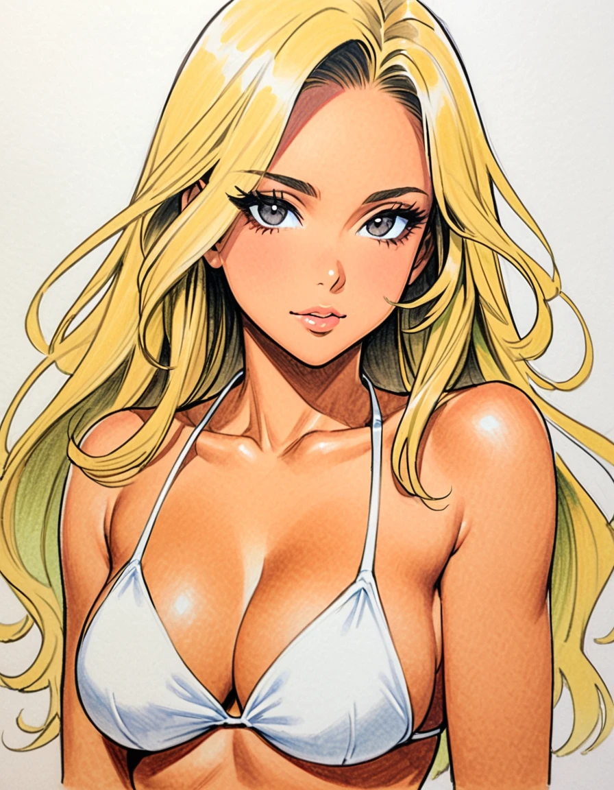 ((color pencil drawing:1.3)), (upper body), from front, draft drawing, female, solo, ((tanned skin:1.3)), white bikini, big busts, Showcasing cleavage, blonde long hair, black eyes, black eyeliner, false eyelashes
