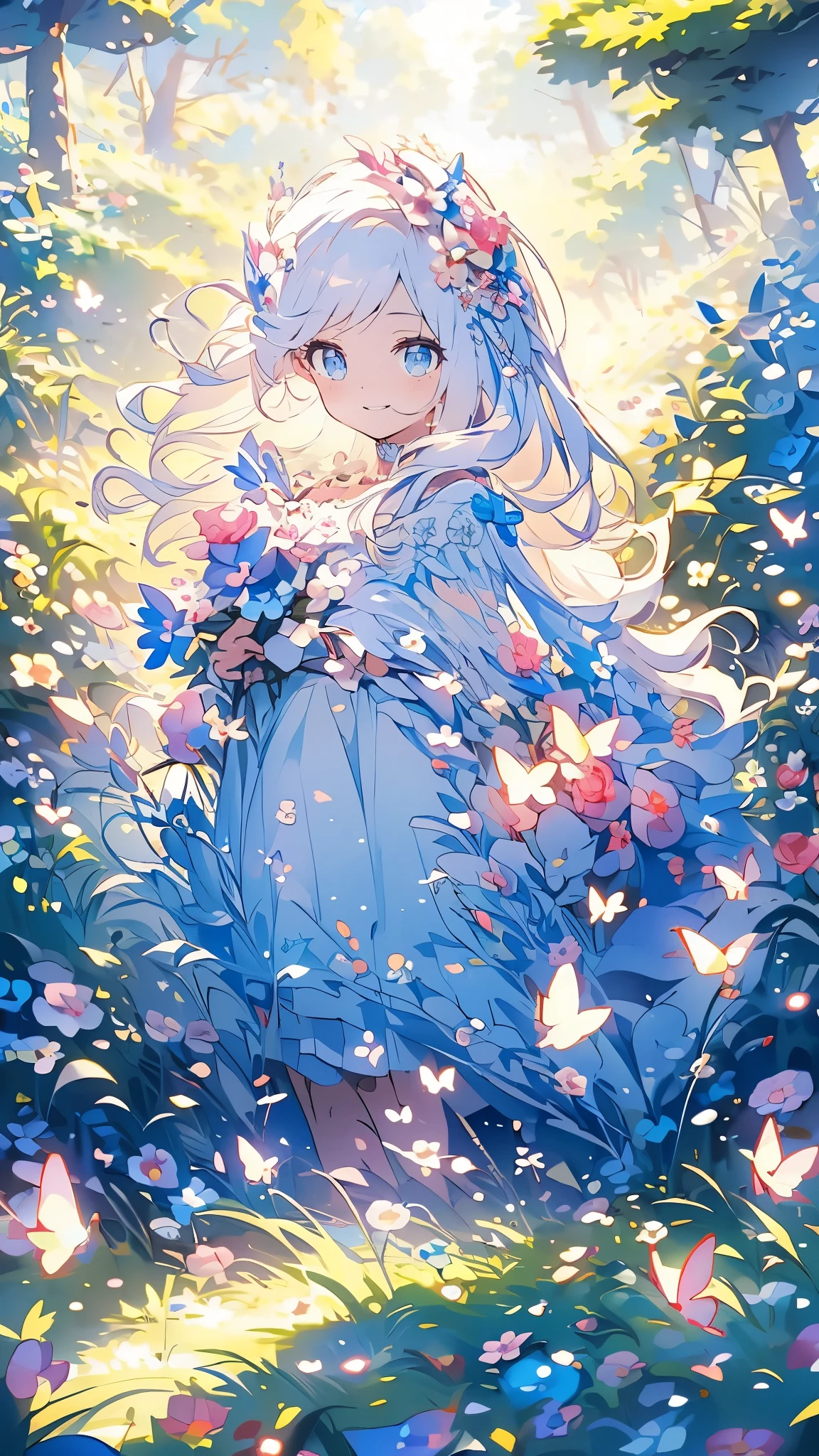 (Mastepiece), (Best Quality), Very detailed, 1 girl, Solo full body shot, Perfect Face, beautiful girl, Very detailedな顔,(Long white hair:1.5),(blue eyes:1.4),(Lots of butterflies々:1.2)、(forest、Flower Field:1.4)、(Lots of petals:1.3)、(smile:1.3)、mysterious、Fantasy