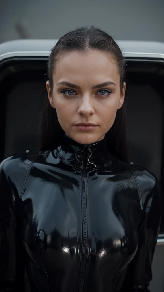 a photo of Esmée,face is positioned on left side of the camera ,as black latex superhero,wearing a black latex suit,blue eyes,wearing large black latex coat,close up face portrait,having no hair,no lipstick ,85 mm,wearing no sunglasses,looking damn smart