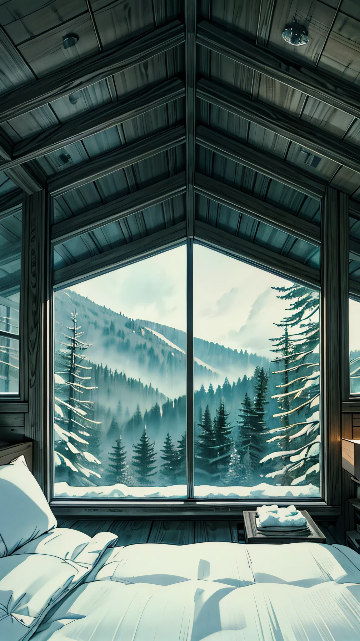 "Create an image of a cozy, modern glass cabin in the middle of a snowy forest. The scene should feature a comfortable, neatly made bed with white bedding and pillows, positioned near large glass windows and a glass ceiling. Outside, snow-covered trees and a serene winter landscape are visible, giving a tranquil and peaceful atmosphere. The interior should feel warm and inviting, contrasting with the cold, snowy scenery outside."