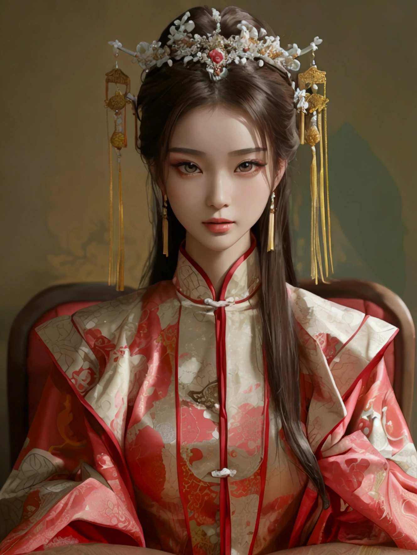 Create a seductive image of a beautiful woman wearing a traditional Chinese concubine outfit. She has a slender face, sharp eyes, long hair, an angled face, a high nose, thin lips, a chest size of 32 inches, a waist size of 24 inches, hips size 33 inches, her skin is bright and white. she has brown hair She has pink nipples Her body was slim and muscular like an athlete. And she was enjoying sitting with her legs spread open showing off her very attractive genitals.