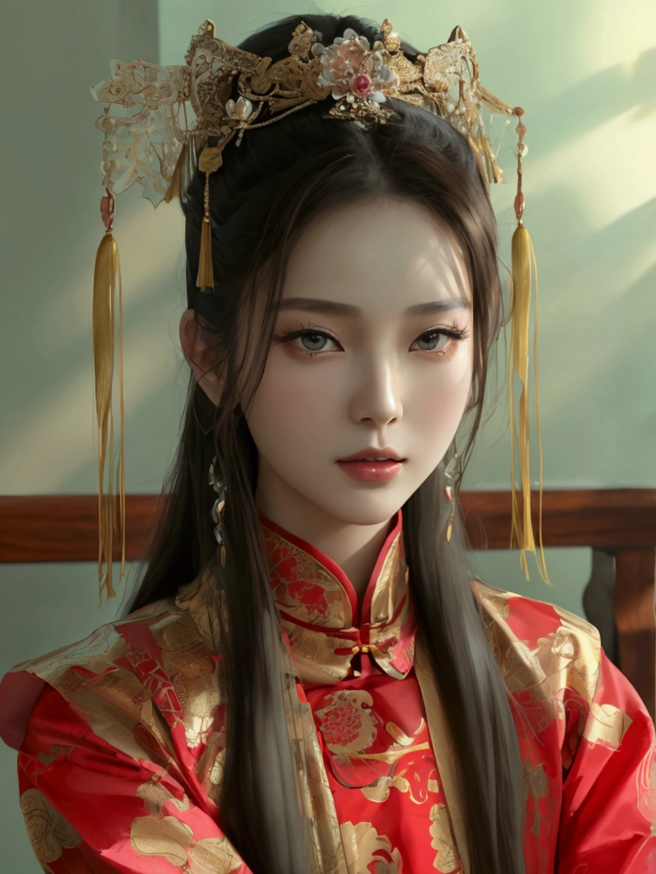 Create a seductive image of a beautiful woman wearing a traditional Chinese concubine outfit. She has a slender face, sharp eyes, long hair, an angled face, a high nose, thin lips, a chest size of 32 inches, a waist size of 24 inches, hips size 33 inches, her skin is bright and white. she has brown hair She has pink nipples Her body was slim and muscular like an athlete. And she was enjoying sitting with her legs spread open showing off her very attractive genitals.