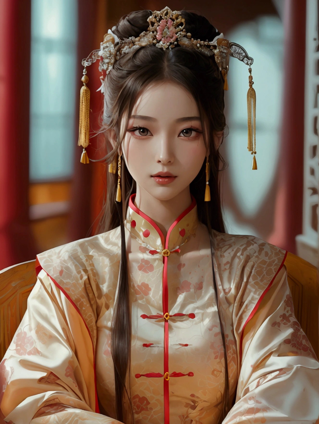 Create a seductive image of a beautiful woman wearing a traditional Chinese concubine outfit. She has a slender face, sharp eyes, long hair, an angled face, a high nose, thin lips, a chest size of 32 inches, a waist size of 24 inches, hips size 33 inches, her skin is bright and white. she has brown hair She has pink nipples Her body was slim and muscular like an athlete. And she was enjoying sitting with her legs spread open showing off her very attractive genitals.