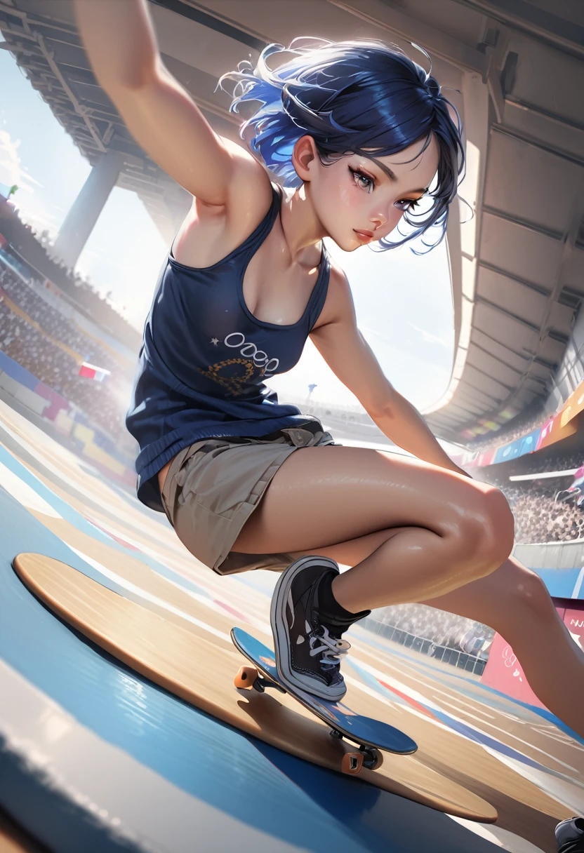 photorealistic,(Masterpiece, BestQuality), (hyperrealistic), (8k,Photorealistic), one girl,tween,Girl skateboarding,(performs cool tricks on skateboard), Paris Olympics,Dynamic action, dynamic angle,detailed skateboard,absurd, unusual, extraordinary,BREAK (1girl,japanese,tween,detailed face,(darkblue hair-color),(wavy-short hair),eyebrows,eyes with large irises,small nose, fresh lips,middle small breasts),