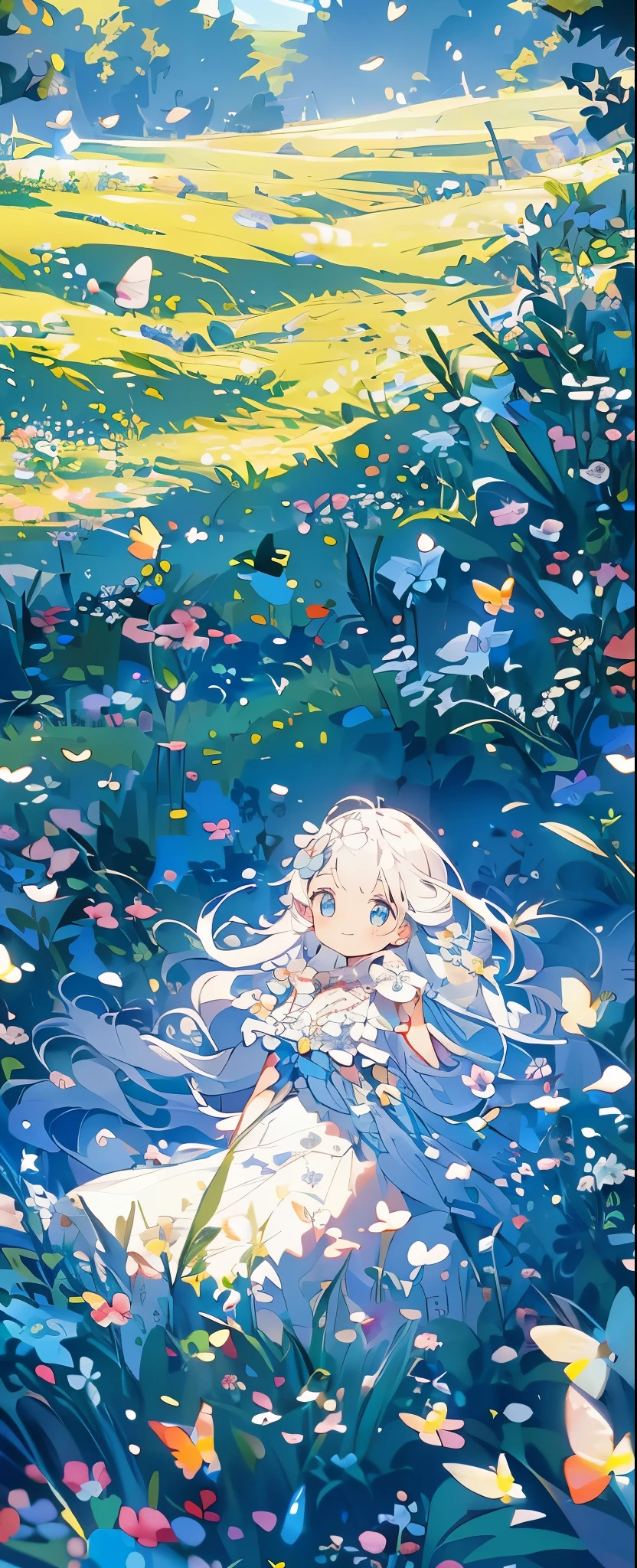 (Mastepiece), (Best Quality), Very detailed, 1 girl, Solo full body shot, Perfect Face, beautiful girl, Very detailedな顔,(Long white hair:1.5),(blue eyes:1.4),(Lots of butterflies々:1.2)、(forest、Flower Field:1.4)、(Lots of petals:1.3)、(smile:1.3)、mysterious、Fantasy