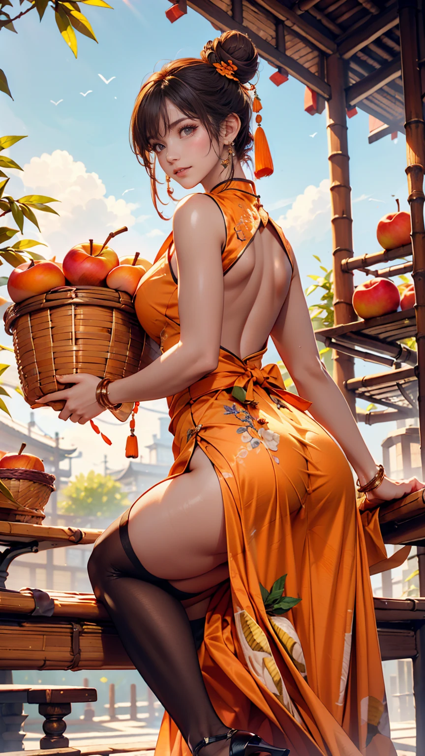 One girl, Cowboy Camera, A gorgeous embroidered Chinese dress、Deep slit、High heels、Bun Hair、Woven bamboo basket((apple、orange、Peach、banana))、blue sky、Stone steps、look back、