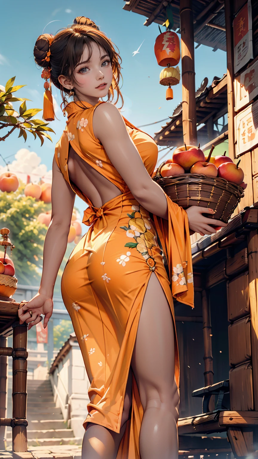 One girl, Cowboy Camera, A gorgeous embroidered Chinese dress、Deep slit、High heels、Bun Hair、Woven bamboo basket((apple、orange、Peach、banana))、blue sky、Stone steps、look back、