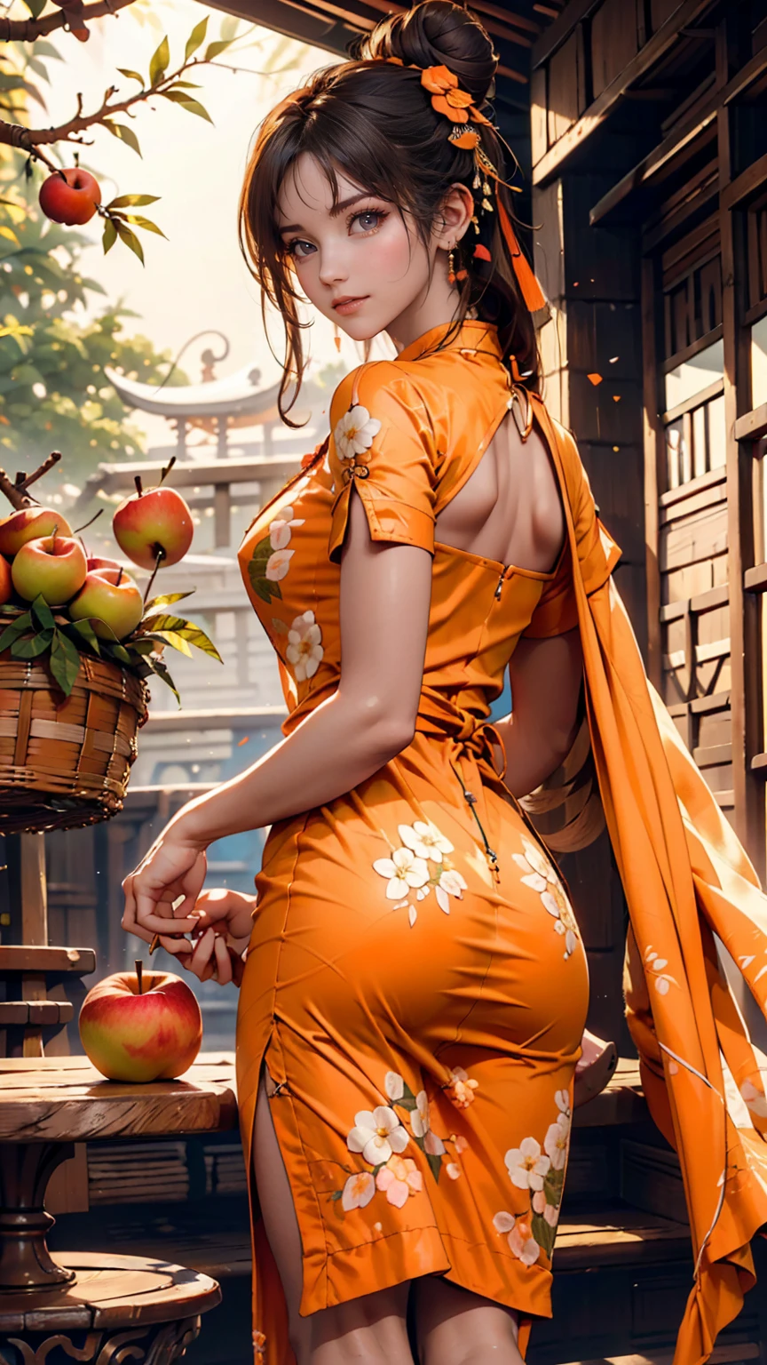 One girl, Cowboy Camera, A gorgeous embroidered Chinese dress、Deep slit、High heels、Bun Hair、Woven bamboo basket((apple、orange、Peach、banana))、blue sky、Stone steps、look back、