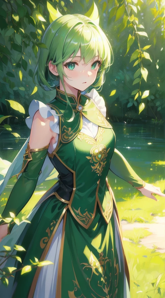 masterpiece, Great painting, Green, One girl, cute, (Dynamic Light: 1.2), Cinematic Light, Delicate facial features, Detailed eyes, Sharp pupils, Realistic students, Depth of written boundary, Background blur, Clear focus, (Super detailed, Hello, Shine: 1.4), Off-screen,