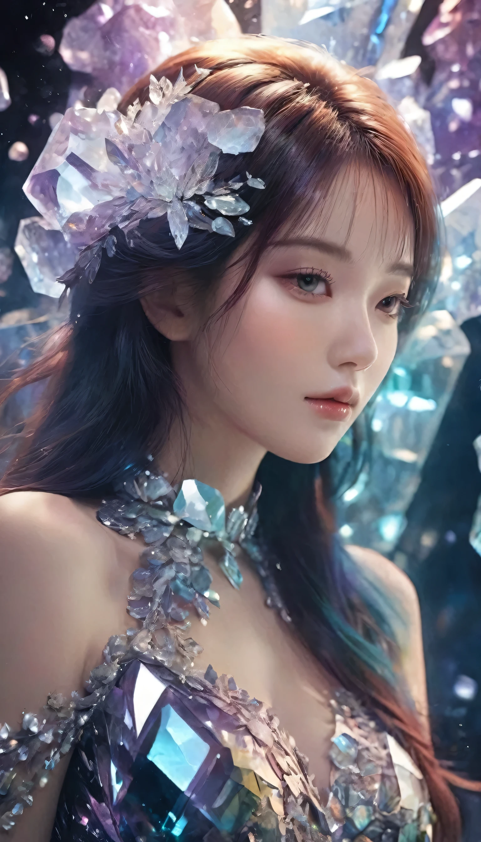 A beautiful woman，Half-length photo，Wearing clothes made of crystal，Surround yourself with magical cave walls made of mineral crystals，covered with precious crystals, Crystal Cluster，underground, exploration, Stibnite crystals，Glowing crystal, fluorite crystal,Related mineral crystals , Mysterious atmosphere, Shiny crystal, Natural Crystal, sparkling reflections, underground湖, Hidden treasure, mineral structure，(Best quality，Extremely detailed，Best Illustration Award，The best shadow，masterpiece，high resolution，），Surrealism，(Multiple Exposure:1.5)