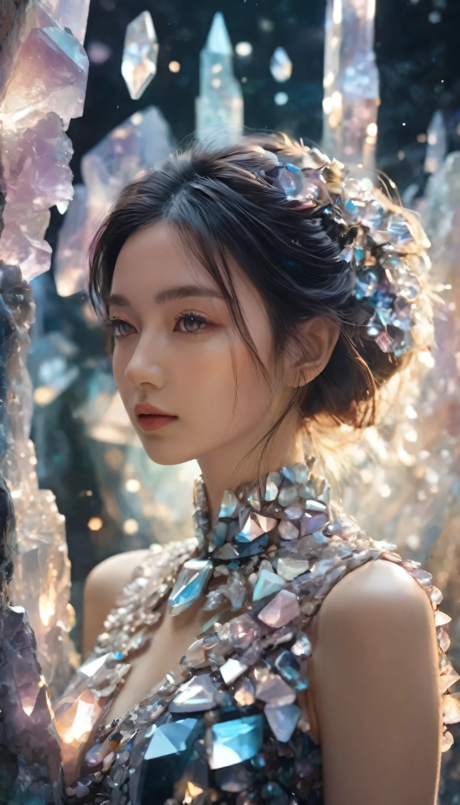 A beautiful woman，Half-length photo，Wearing clothes made of crystal，Surround yourself with magical cave walls made of mineral crystals，covered with precious crystals, Crystal Cluster，underground, exploration, Stibnite crystals，Glowing crystal, fluorite crystal,Related mineral crystals , Mysterious atmosphere, Shiny crystal, Natural Crystal, sparkling reflections, underground湖, Hidden treasure, mineral structure，(Best quality，Extremely detailed，Best Illustration Award，The best shadow，masterpiece，high resolution，），Surrealism，(Multiple Exposure:1.5)