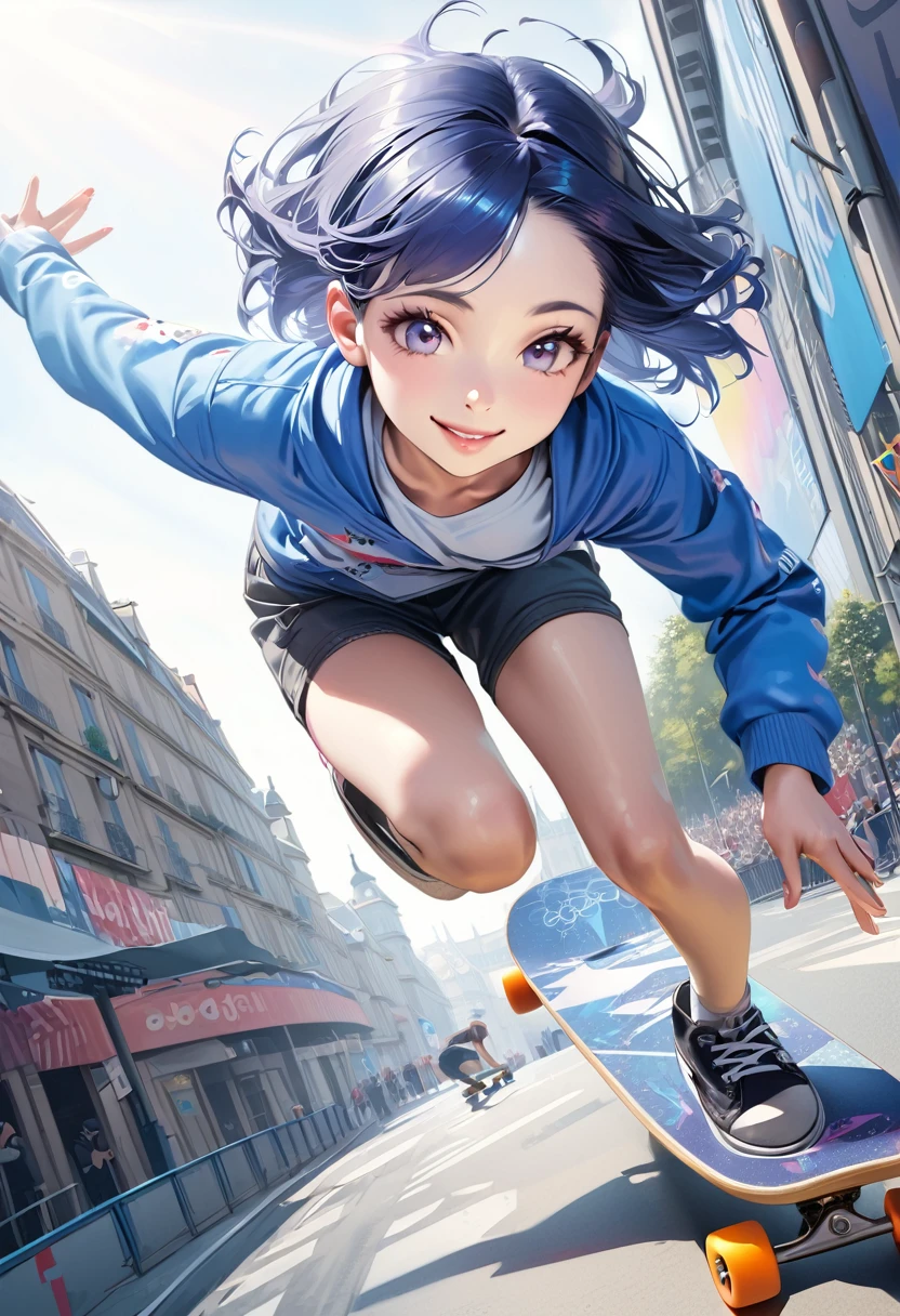 photorealistic,(Masterpiece, BestQuality), (hyperrealistic), (8k,Photorealistic), one girl,tween,Girl skateboarding,(performs cool tricks on skateboard), Paris Olympics,Dynamic action, dynamic angle,detailed skateboard,absurd, unusual, extraordinary,BREAK (1girl,japanese,tween,detailed face,(darkblue hair-color),(wavy-short hair),eyebrows,eyes with large irises,small nose, fresh lips,middle small breasts,joy,smile),